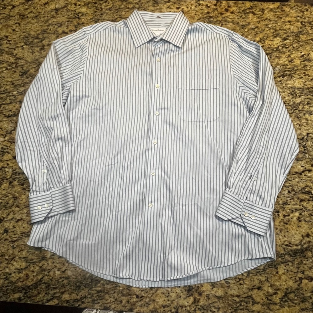 Tommy Bahama Mens Dress Shirt 17 34-35 Blue White Striped Herringbone Button
